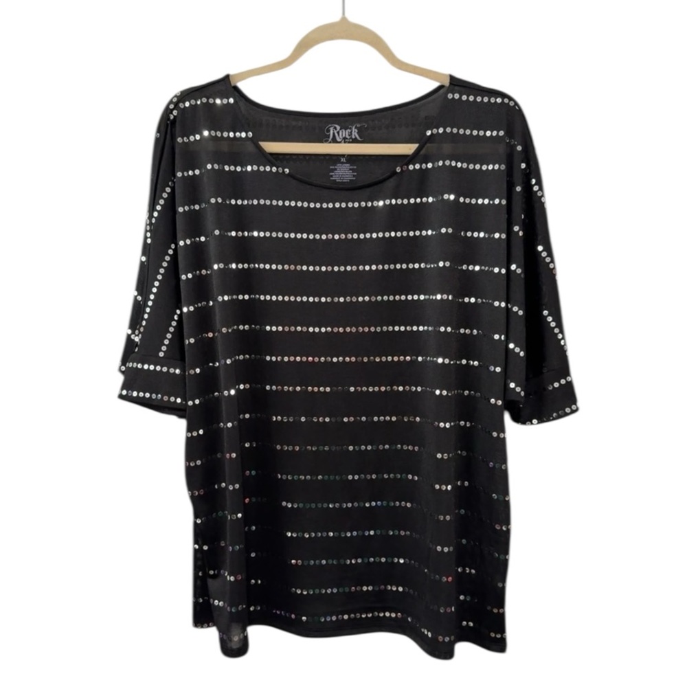 Rock 47 by Wrangler XL Black Silver Sequin Oversized Semi Sheer Blouse Top